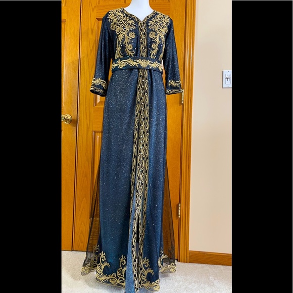 Formal Dress Sizes M & XL Blue Gold Glitter Sparkle Sleeves SULTAN Kaftan Abaya - Picture 2 of 15